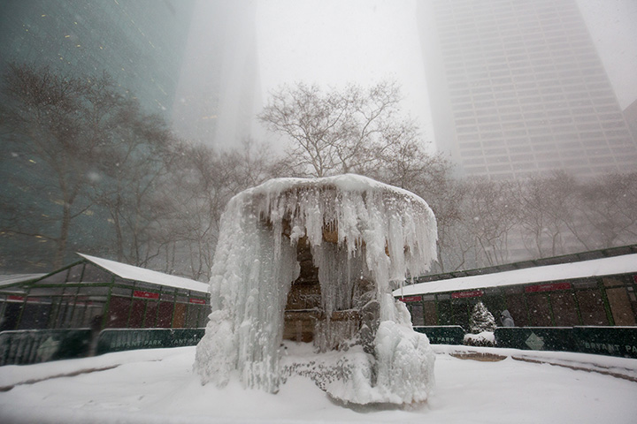 Bryant Park fountain is frozen in Manhattan during the ‘bomb cyclone’ Jan. 4, 2018.