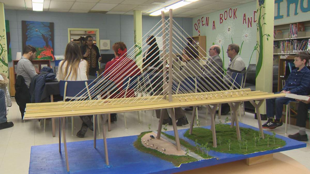 Good Shepherd students complete their scaled-down model of the new Champlain Bridge, pictured on Jan. 22, 2018