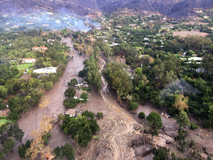 This photo provided by Ventura County Sheriff’s Office shows an aerial view of Montecito, Calif., with mud flow and debris due to heavy rains on Tuesday, Jan. 9, 2018.