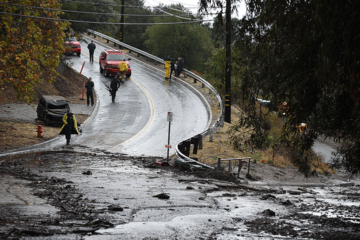 Mud runs over a road on Jan .9, 2018, in Burbank, Calif.