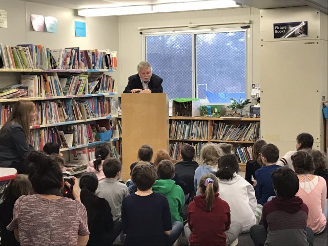 Liberal M.P.P. Ted McMeekin chats with students at CH Bray Elementary School in Ancaster.