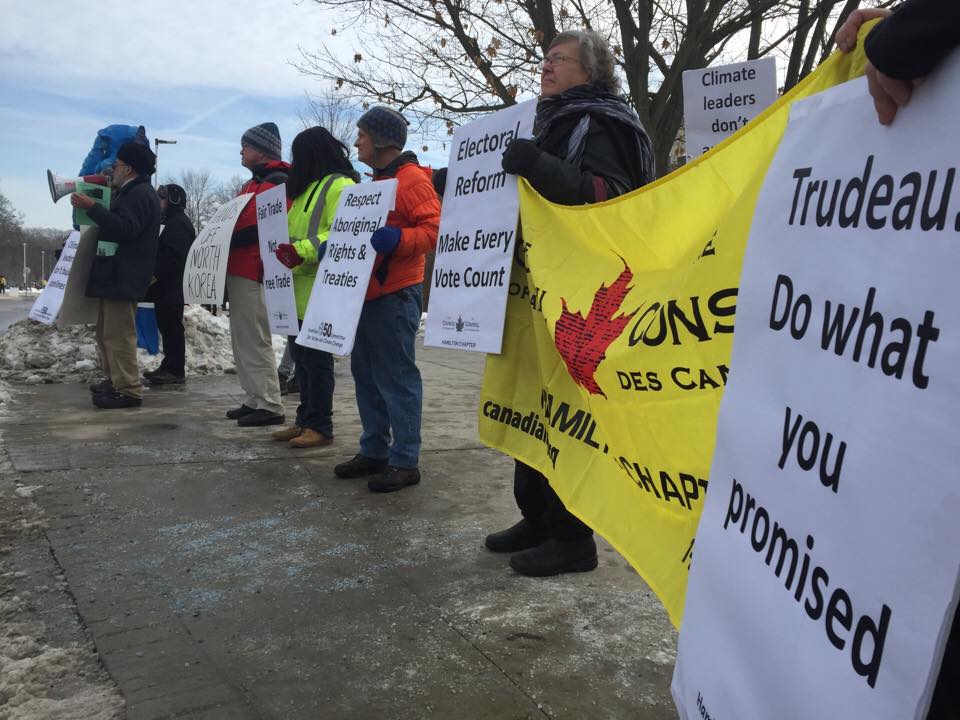 Protest set up outside Prime Minister Justin Trudeau's town hall in Hamilton.