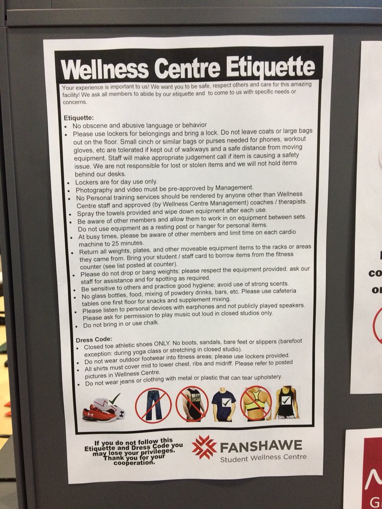 A photo of Fanshawe College’s Wellness Centre Etiquette and Dress Code, posted inside the gym.