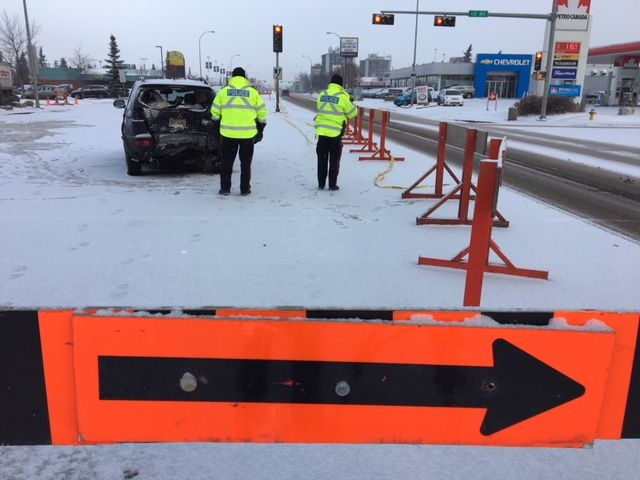 Edmonton police investigate a serious collision at 97 Street and 132 Avenue, Saturday, Jan. 13, 2018. 