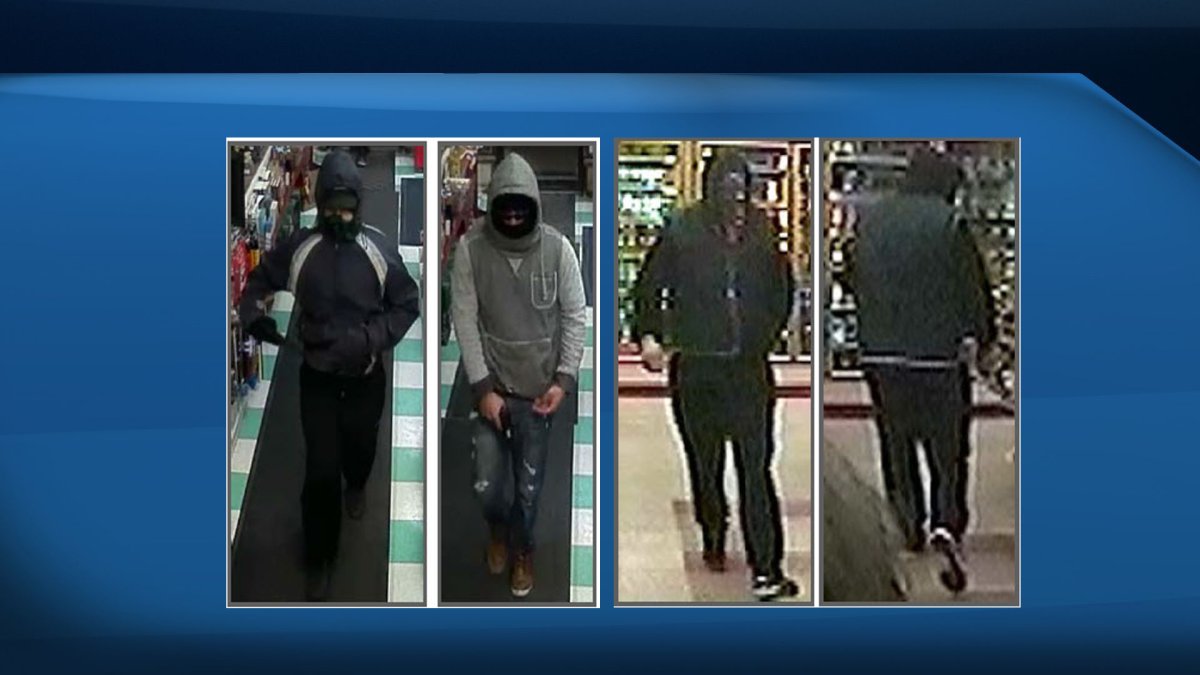 Calgary police have released photos of three suspects involved in two  convenience store robberies in Calgary on Dec. 3 and Nov. 29, 2017.