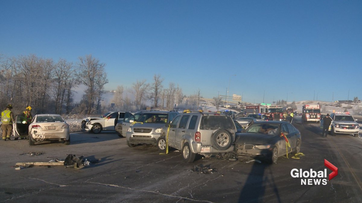 As many as 15 vehicles were involved in a pileup on Deerfoot Trail on Monday, Jan. 1. 