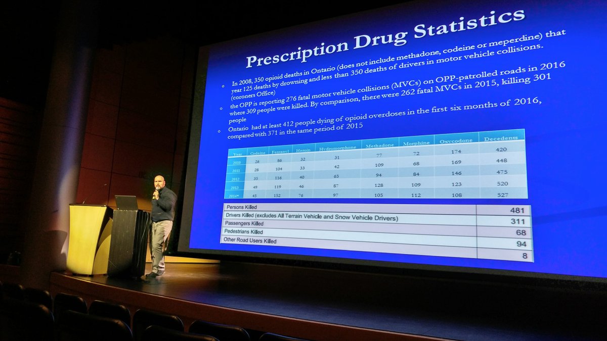 OPP Detective Constable Chris Auger speaks about the dangers of various drugs, emphasizing the growing opioid epidemic, particularly the spread of fentanyl at a fentanyl education session in London, ON.