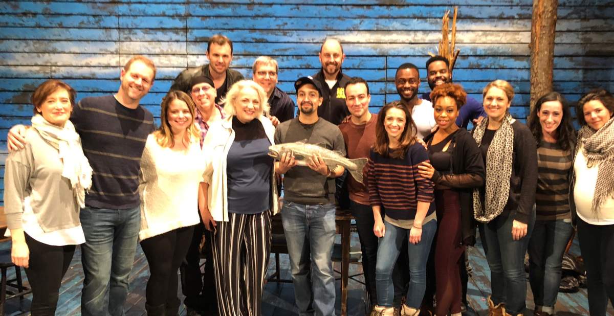 Lin-Manuel Miranda, the creator of the Broadway hit "Hamilton", poses with the cast of "Come From Away".