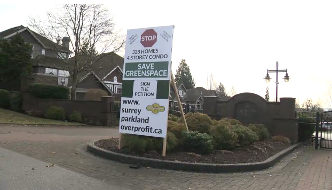 The City of Surrey has removed five signs protesting a controversial redevelopment two days ahead of a council meeting to hear the proposal. 