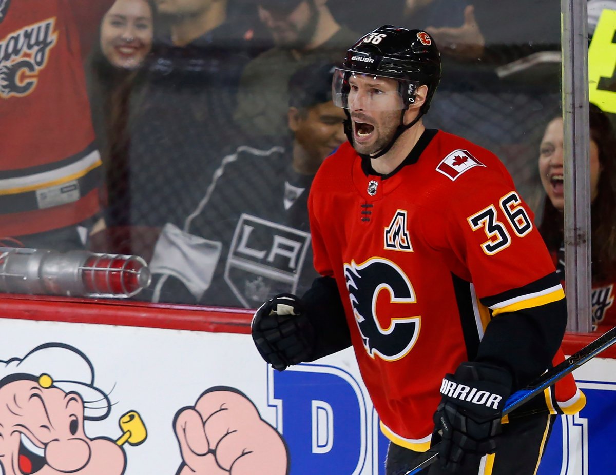 Calgary Flames' Troy Brouwer celebrates his goal during the second period of their NHL hockey game against the Los Angeles Kings in Calgary, Thursday, Jan. 4, 2018.THE CANADIAN PRESS/Todd Korol.