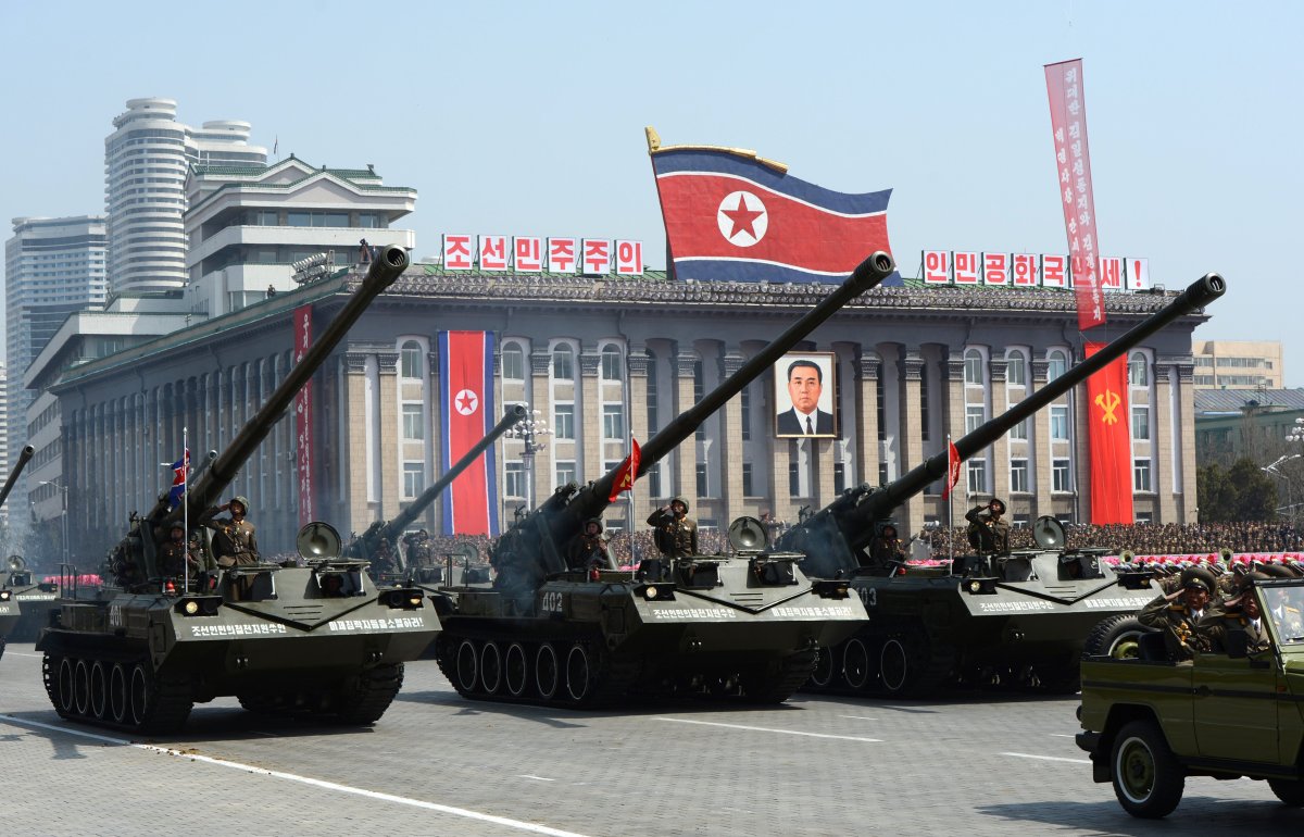 North Korean artillery units are displayed during a military parade to mark 100 years since the birth of the country's founder Kim Il-Sung in Pyongyang.