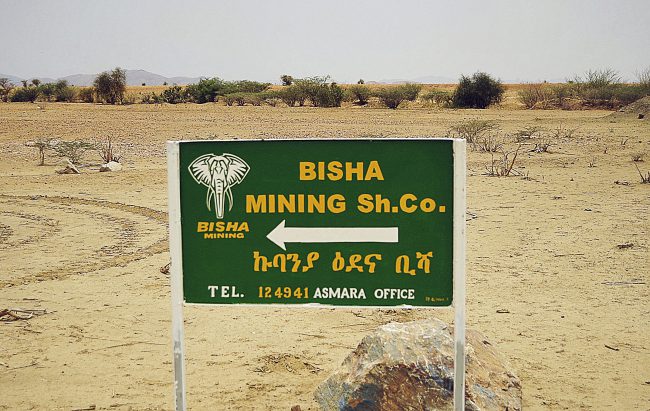 A sign at Bisha Mine, Eritrea's first major international mine, 150 kilometres west of Asmara is pictured on July 17, 2013. 


