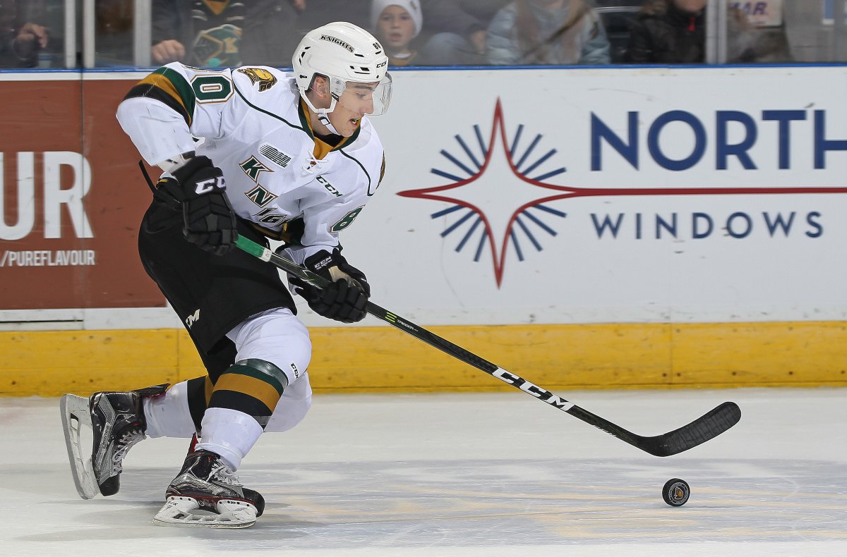 Alex Formenton #80 of the London Knights skates with the puck against during an OHL game at Budweiser Gardens.(Photo by Claus Andersen/Getty Images).