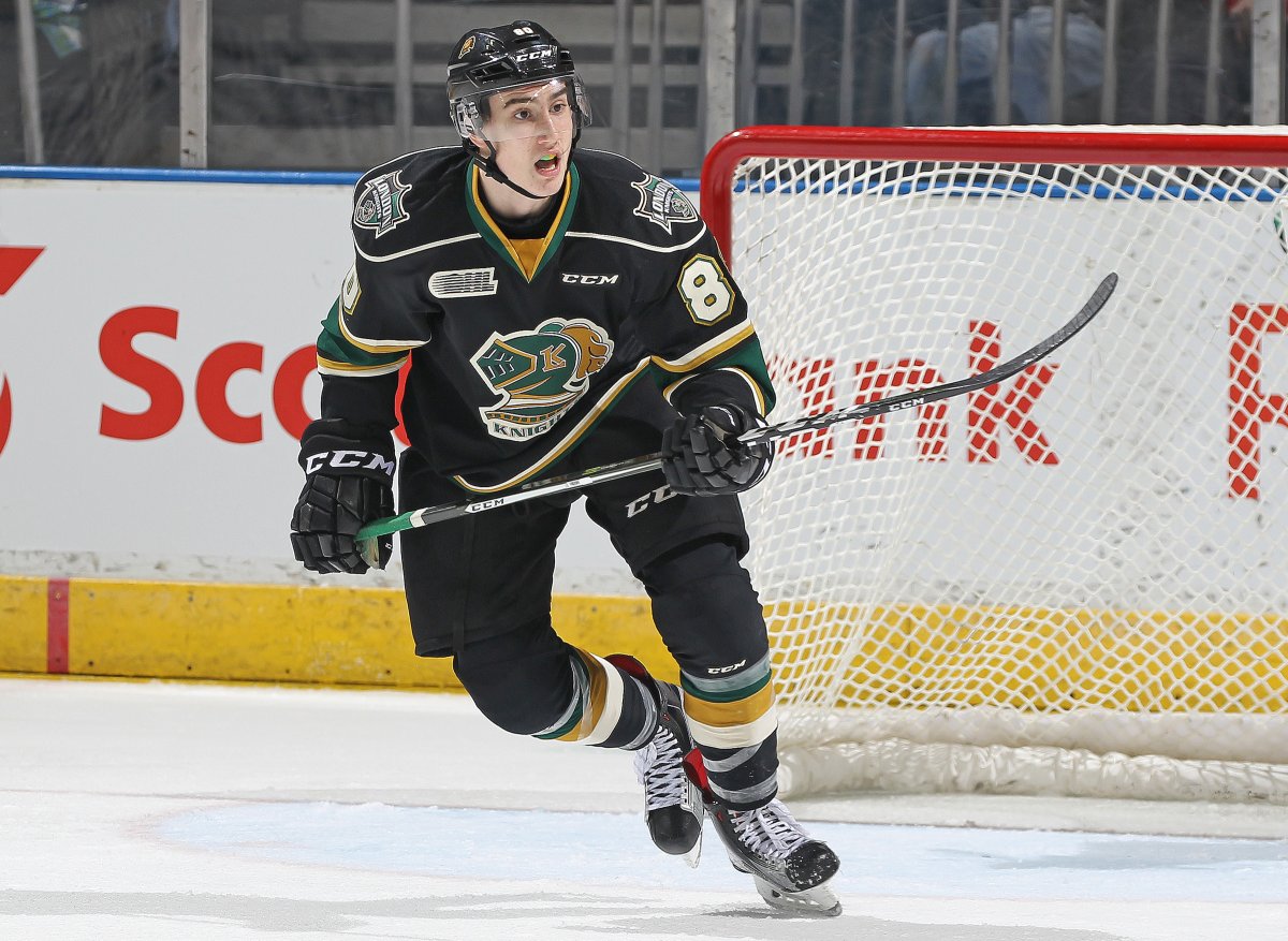 Alex Formenton #80 of the London Knights skates during an OHL game at Budweiser Gardens.