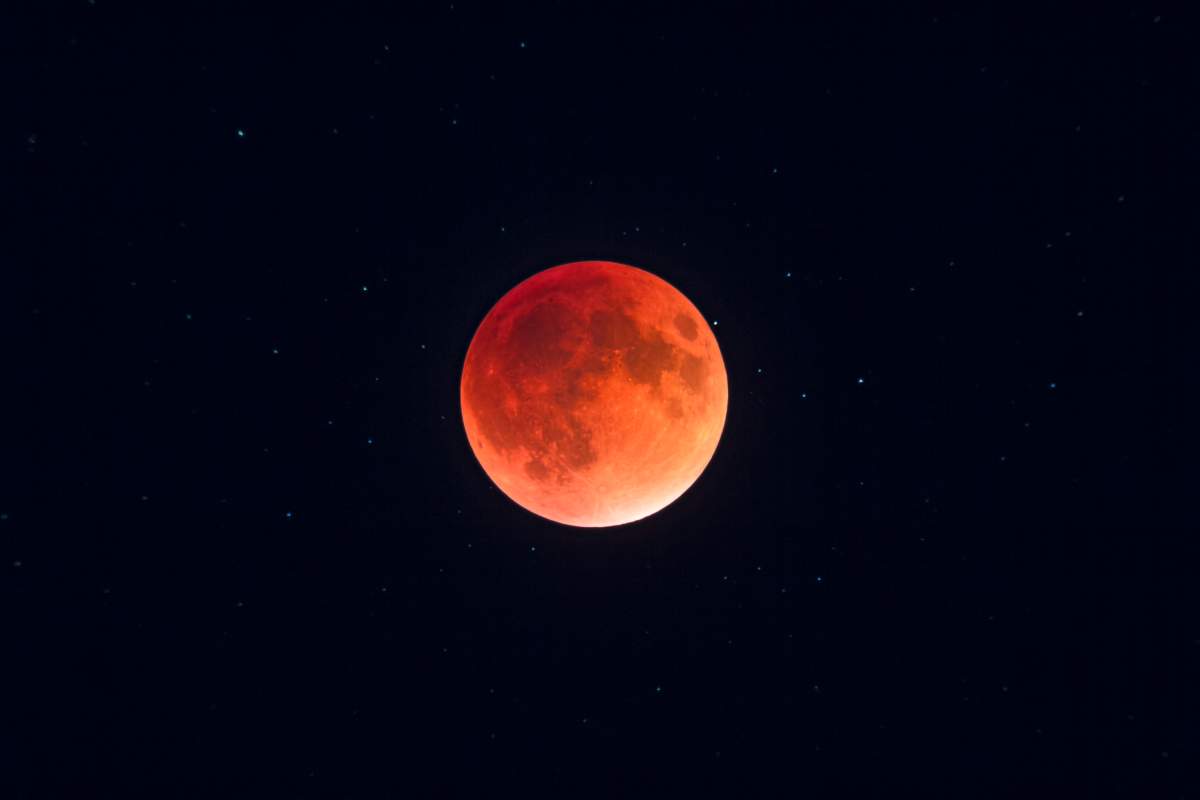 The total eclipse of the Moon of September 27, 2015, in closeup through a telescope, at mid-totality with the Moon at its darkest and deepest into the umbral shadow, in a long exposure to bring out the stars surrounding the dark red moon. 