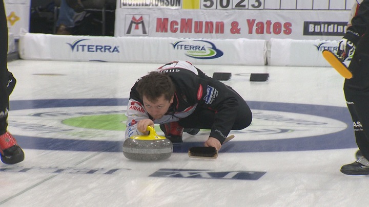 Skip Jason Gunnlaugson playing on the first day of the Viterra Championship in Winkler.
