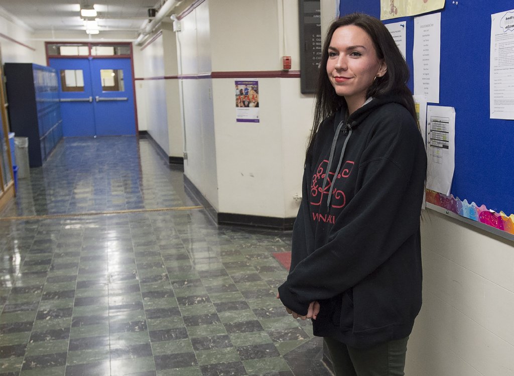 Rebecca Moore is seen at Halifax Central Junior High, formerly known as Cornwallis Junior High, in Halifax on Wednesday, Jan. 10, 2018. Moore addressed the student population during morning announcements. Edward Cornwallis, the British military officer who founded the city in 1749 and remains a controversial figure, issued a bounty on Mi'kmaq scalps during his term.