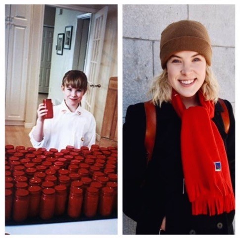 (Left) Hannah Taylor at 6 years old, making ladybug jars; one of the foundation’s first fundraising initiatives. (Right) Hannah dons a scarf for National Red Scarf Day at McGill University in 2017.