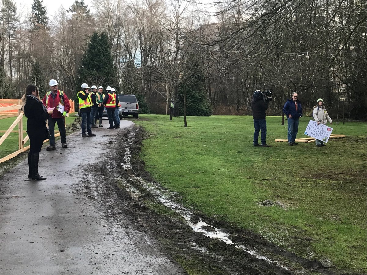 File photo. Work crews were back on the job in Surrey Thursday morning after protesters stopped work in Hawthorne Park on Wednesday.