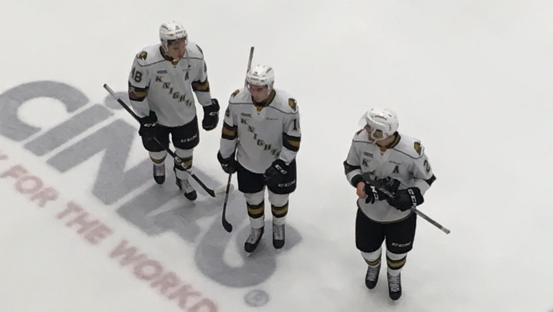 The three goal scorers from the London Knights' 5-1 win over the Sudbury Wolves leave the ice at the end of the game. (L-R) Sam Miletic, Liam Foudy and Evan Bouchard.