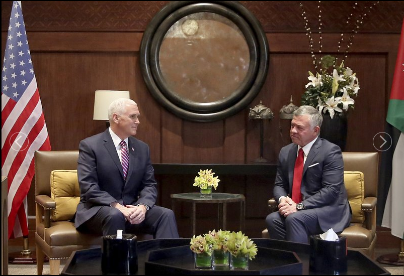 Abdullah II, Mike Pence
U.S. Vice President Mike Pence, left, meets with King Abdullah II at the Husseiniya Palace in Amman, Jordan, Sunday, Jan 21, 2018 .