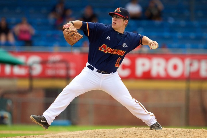 Josh Tols pitches for the Adelaide Bite of the Australian Baseball League.