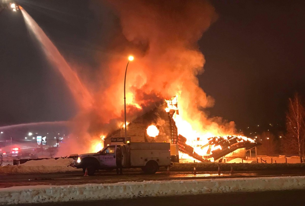 The old Brass Kettle restaurant in Kamloops went up in flames Friday evening. 