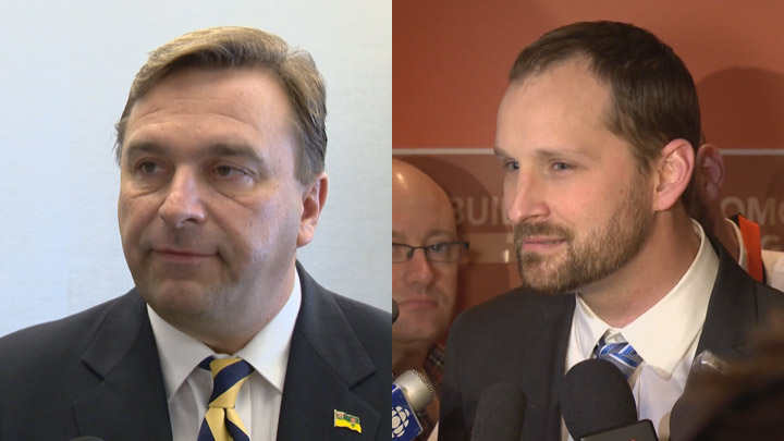 Central Services Minister Ken Cheveldayoff (left) and Opposition Leader Ryan Meili (right).