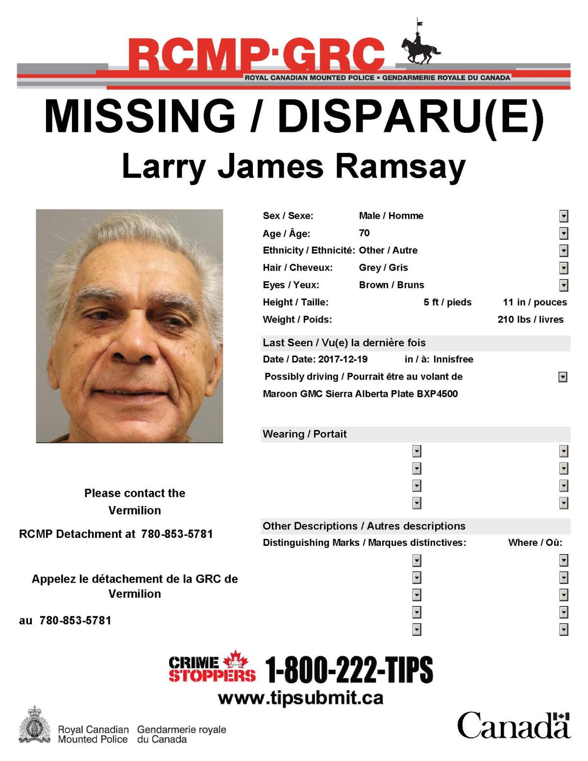 Larry James Ramsey was last seen on Dec. 19, 2017.