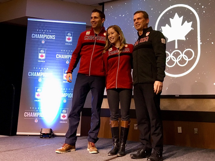John Morris and Kaitlyn Lawes are joined by coach Jeff Stoughton as they're officially introduced as Canada's Olympic mixed doubles curling team.