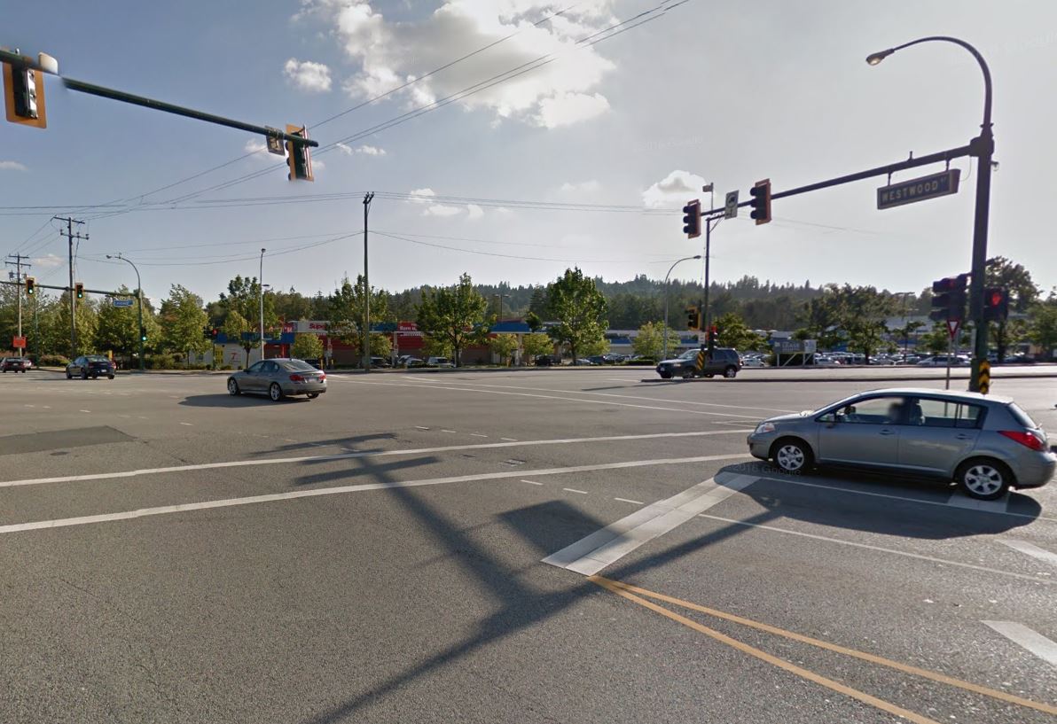 The intersection of Lougheed Highway and Westwood Street in Coquitlam.