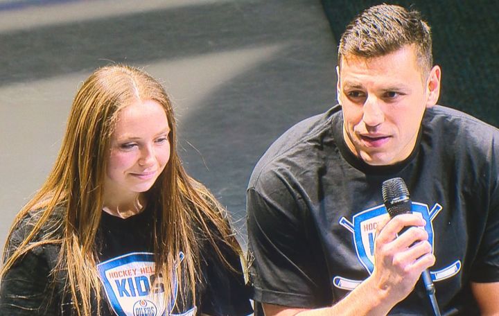 The Edmonton Oilers’ Milan Lucic helps launch the 2018 edition of the Hockey Helps Kids Charity Cup Challenge.