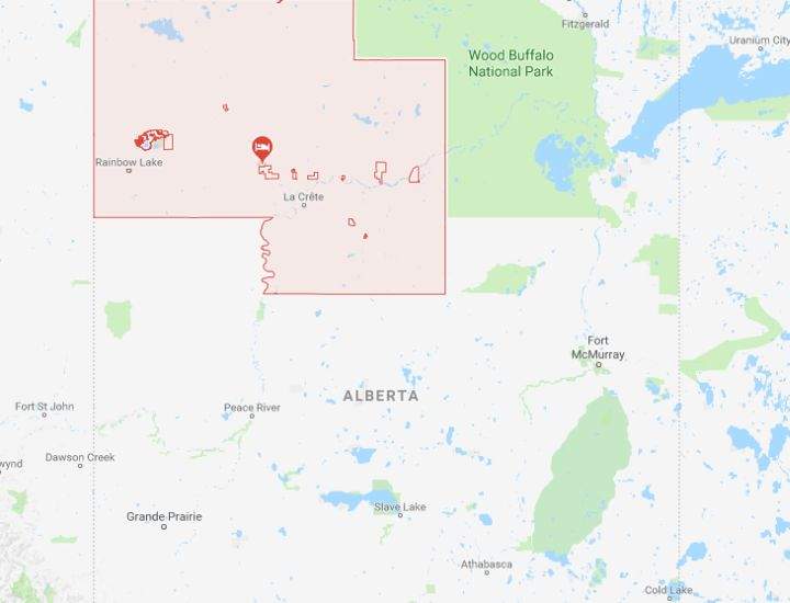 Google map outlining Mackenzie County in northern Alberta. 