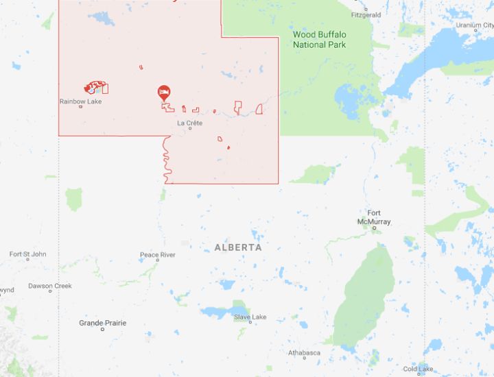 Google map outlining Mackenzie County in northern Alberta. 