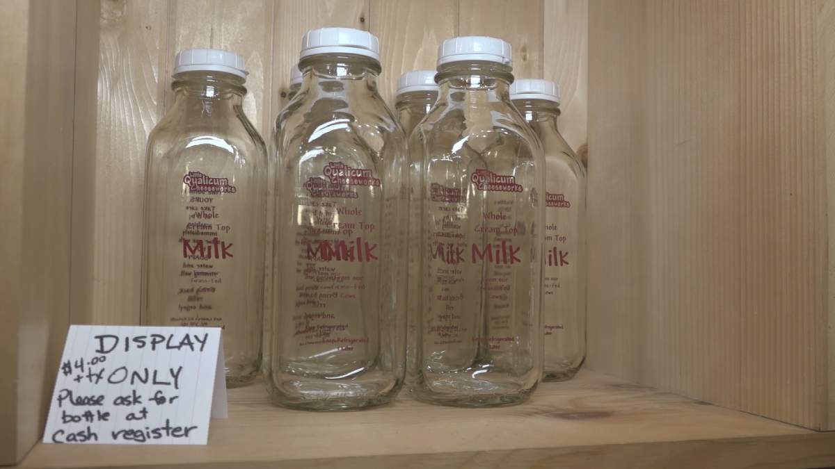 Reusable milk bottles for sale at Morningstar Farm.