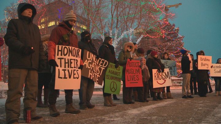 A vigil was held at the Alberta Legislature Monday, Jan. 29, 2018 to remember the victims of the Quebec City mosque shooting one year ago. 