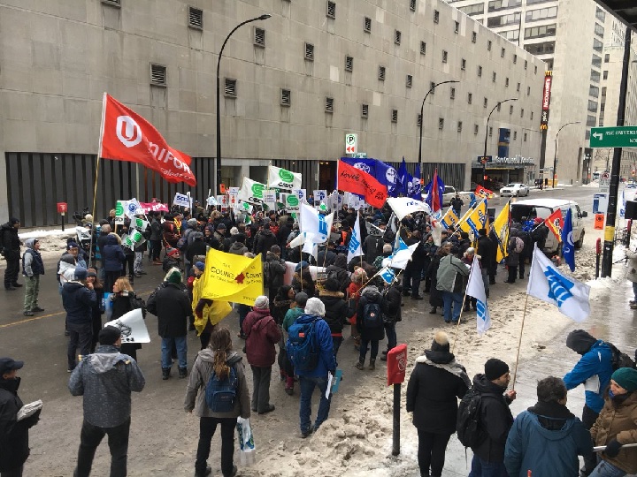 Protesters gathered outside the downtown Montreal hotel where NAFTA talks are underway. Saturday, Jan. 27, 2018.