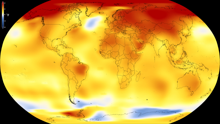 Map shows Earth’s average global temperature from 2013 to 2017, as compared to a baseline average from 1951 to 1980, according to an analysis by NASA’s Goddard Institute for Space Studies. Yellows, oranges, and reds show regions warmer than the baseline.