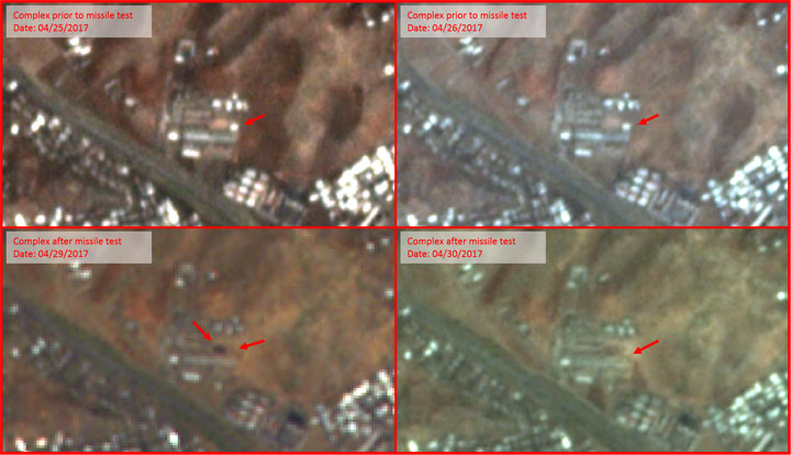 Before and after satellite images of a North Korean complex. Note the small white building indicated by the arrow that disappears after the test.