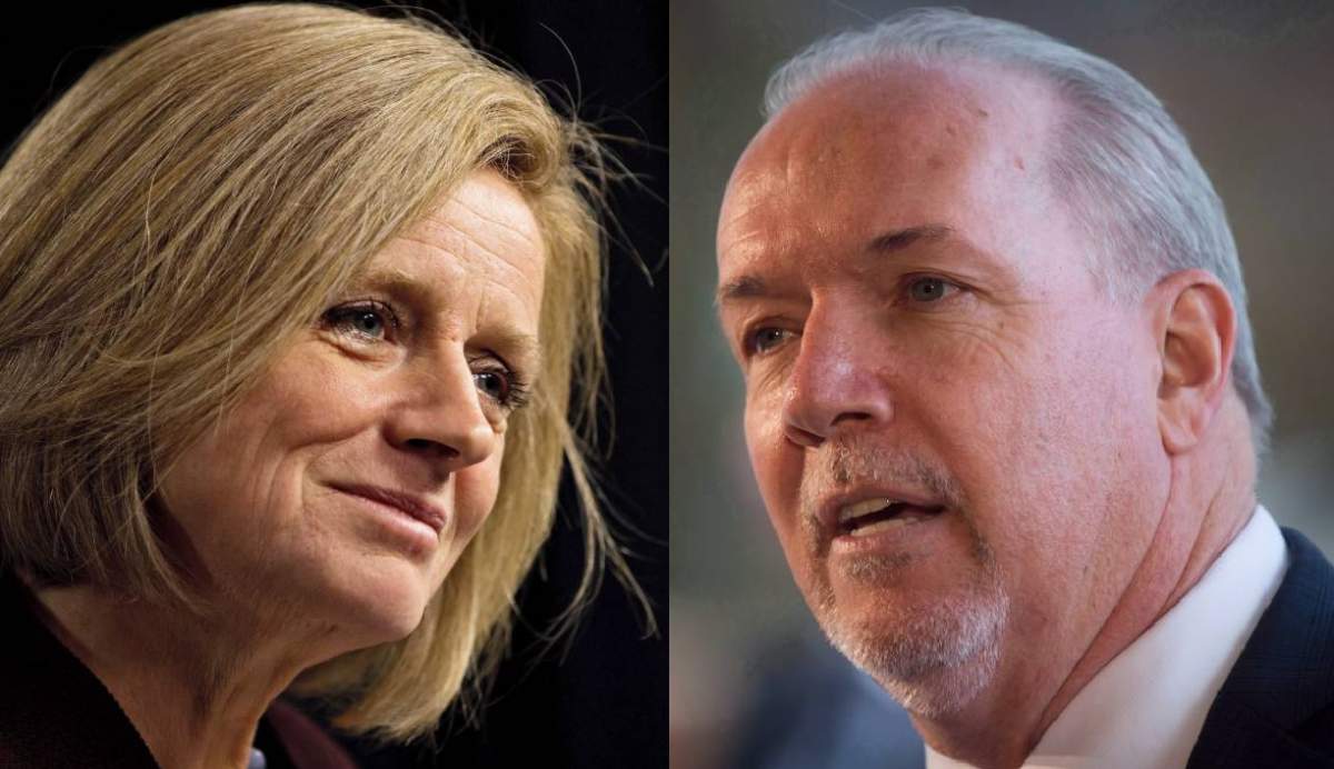 Alberta Premier Rachel Notley, left, and B.C. Premier John Horgan, right. 