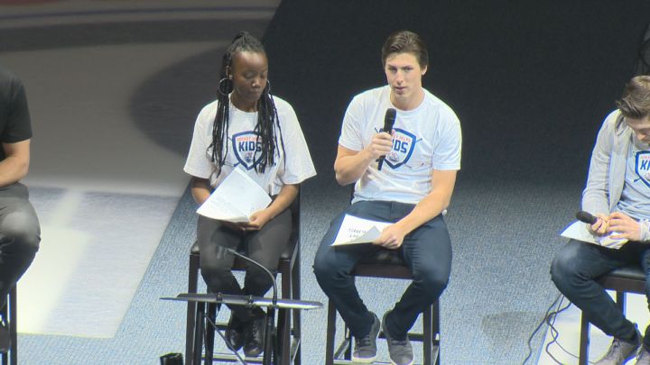 The Edmonton Oilers’ Ryan Nugent-Hopkins helps launch the 2018 edition of the Hockey Helps Kids Charity Cup Challenge.