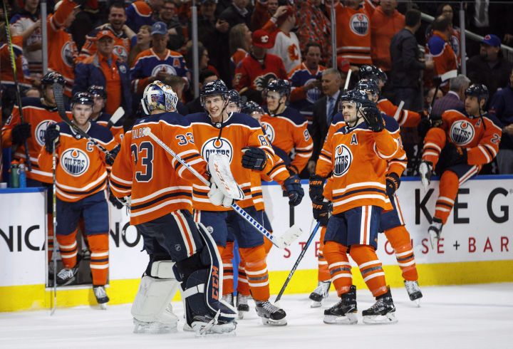 The Edmonton Oilers celebrate the shootout win over the Calgary Flames during NHL action in Edmonton, Alta., on Thursday January 25, 2018. 