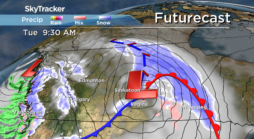 Parts of Saskatchewan will be pounded with heavy snow as this low pressure system swings through Tuesday.