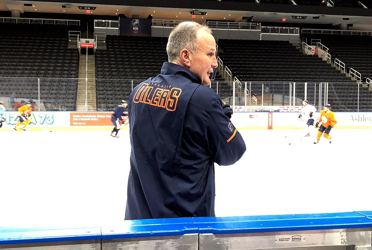 Paul Coffey joins the Oilers at practice on January 21, 2018, after being named Skills Development Coach.