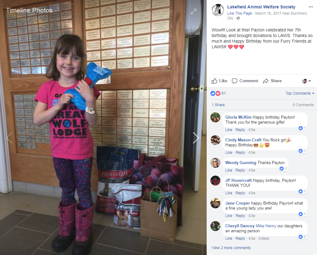 Seven-year-old Peyton seen here in 2017 donating items to the Lakefield Animal Welfare Society.