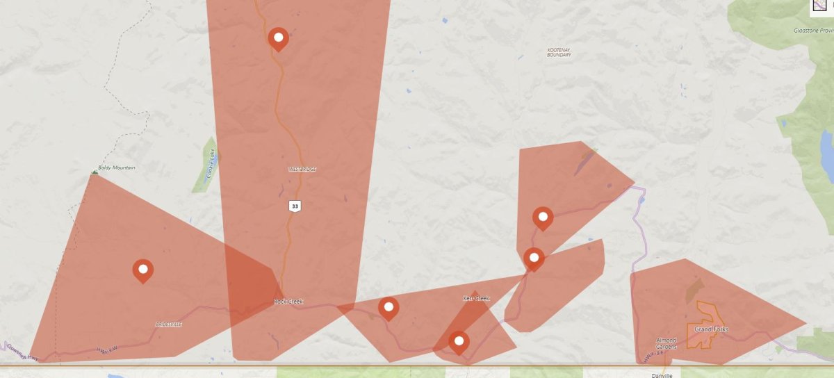 Power is out over a large area of the Boundary region in B.C., represented by the orange areas on this FortisBC map. more info at https://outages.fortisbc.com/Outages .