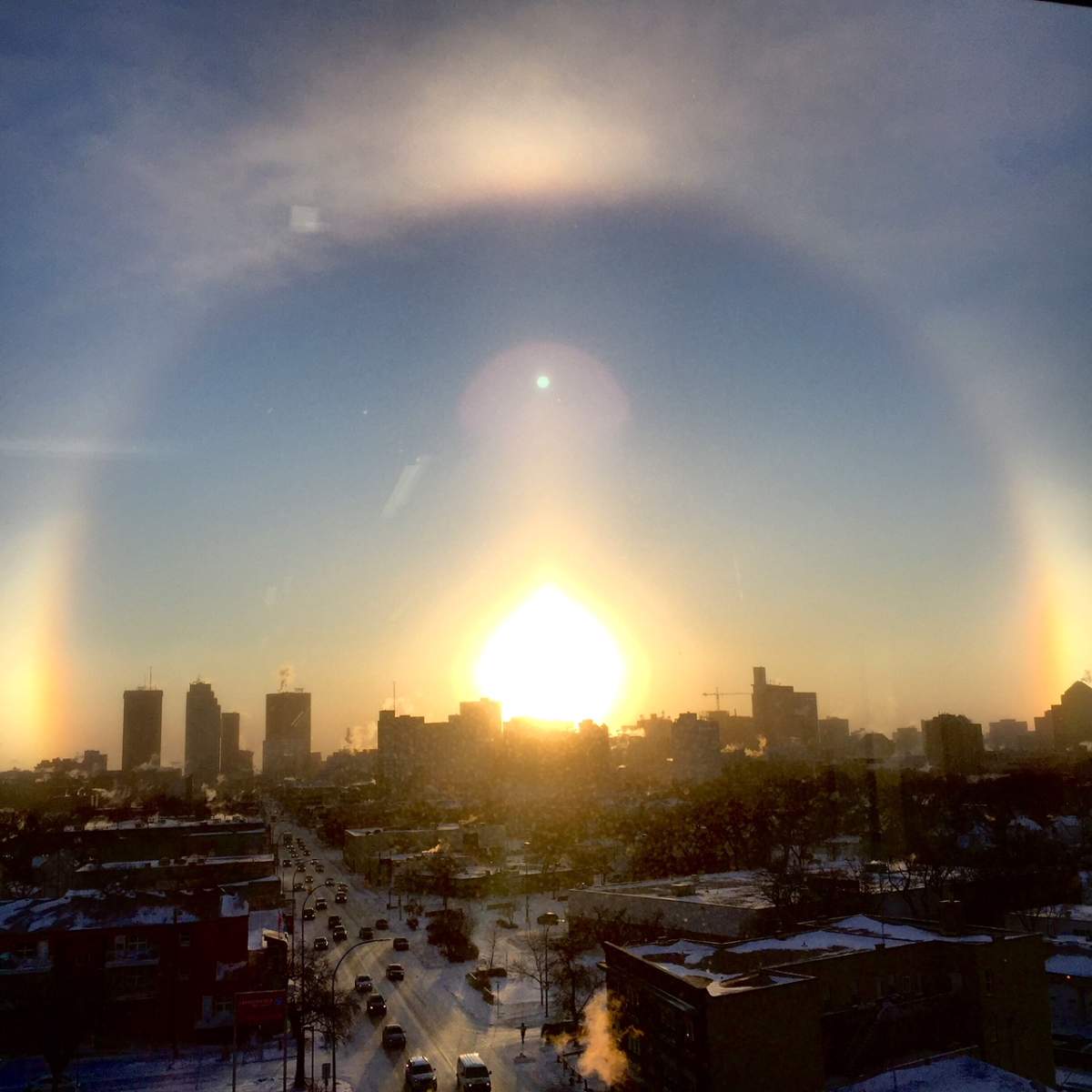 Sun Dogs and 22° halo over Winnipeg January 15, 2018.