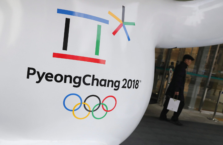 FILE - The official emblem of the 2018 Pyeongchang Olympic Winter Games is seen in downtown Seoul, South Korea.