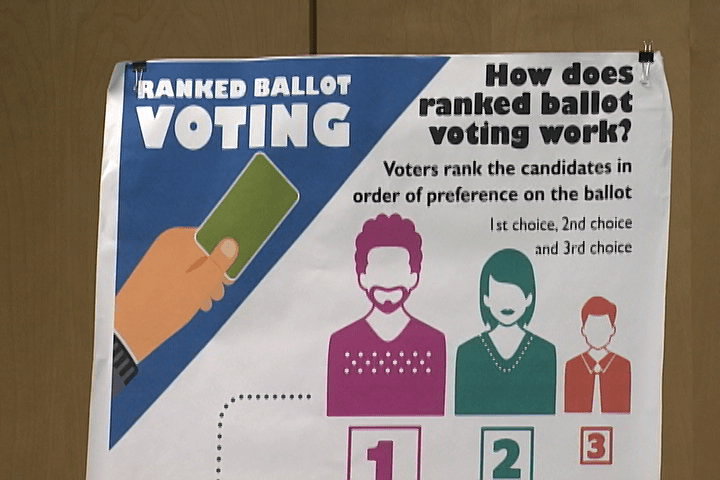A board explaining ranked balloting at a public meeting in Kingston in 2018.