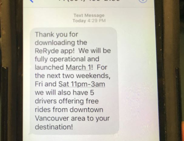 A text message sent to subscribers of the ReRide app.